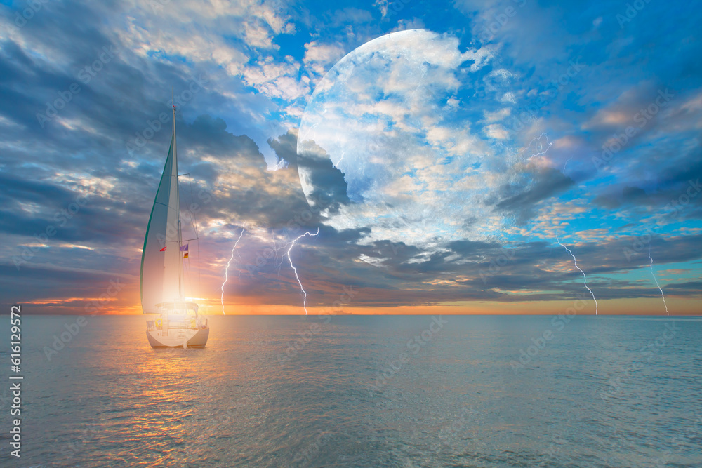 Sailing Yacht from sail regatta on mediterranean sea at sunset - Sailing luxury yacht with white sai