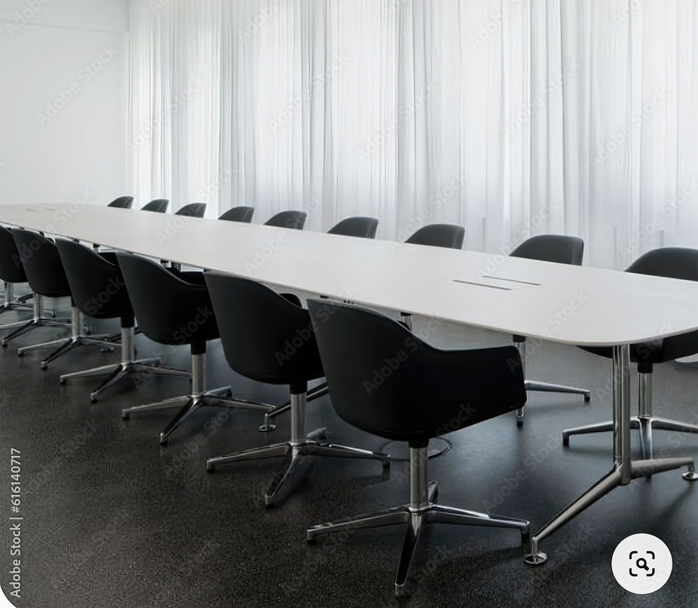 Modern black and white minimalist conference room scene