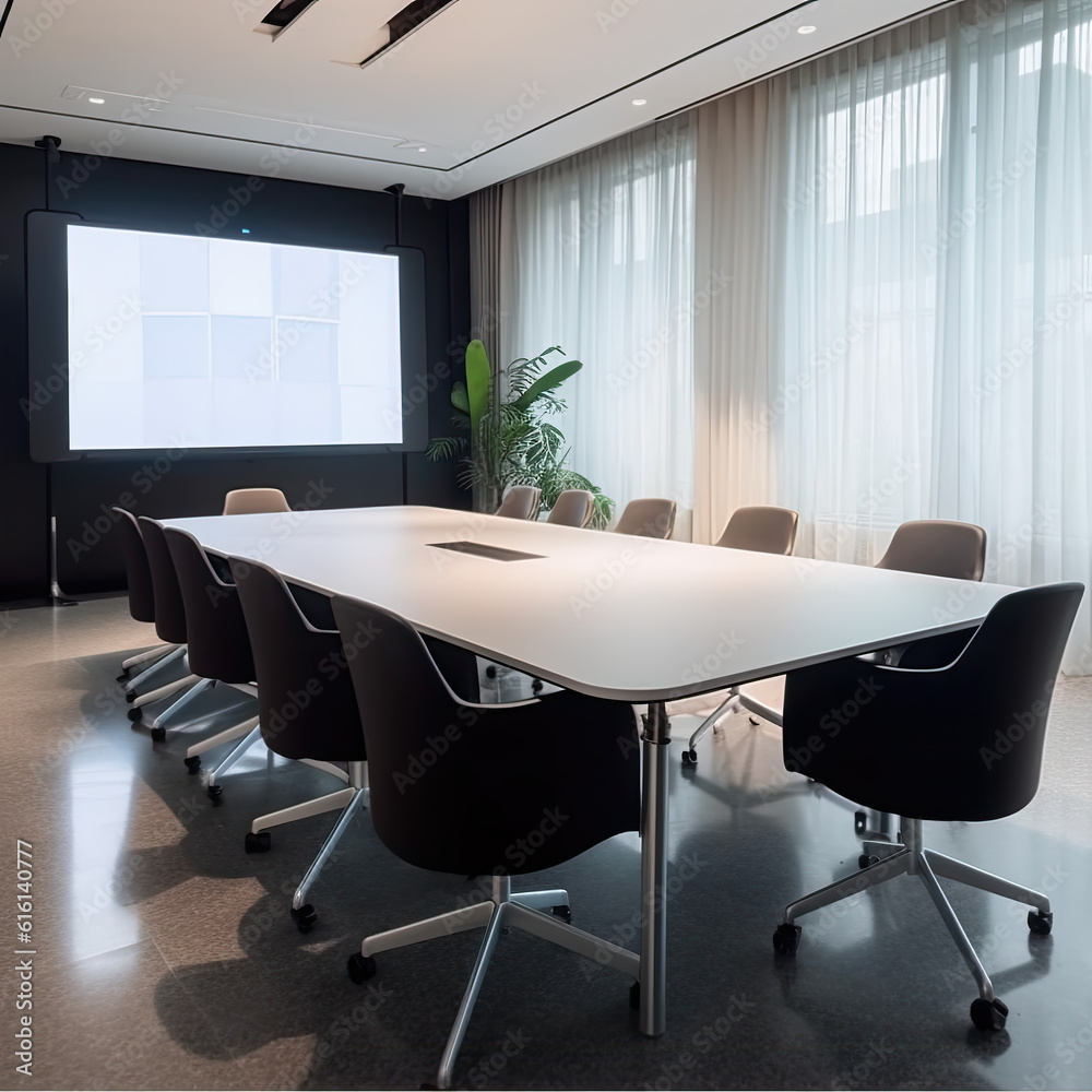 Modern black and white minimalist conference room scene