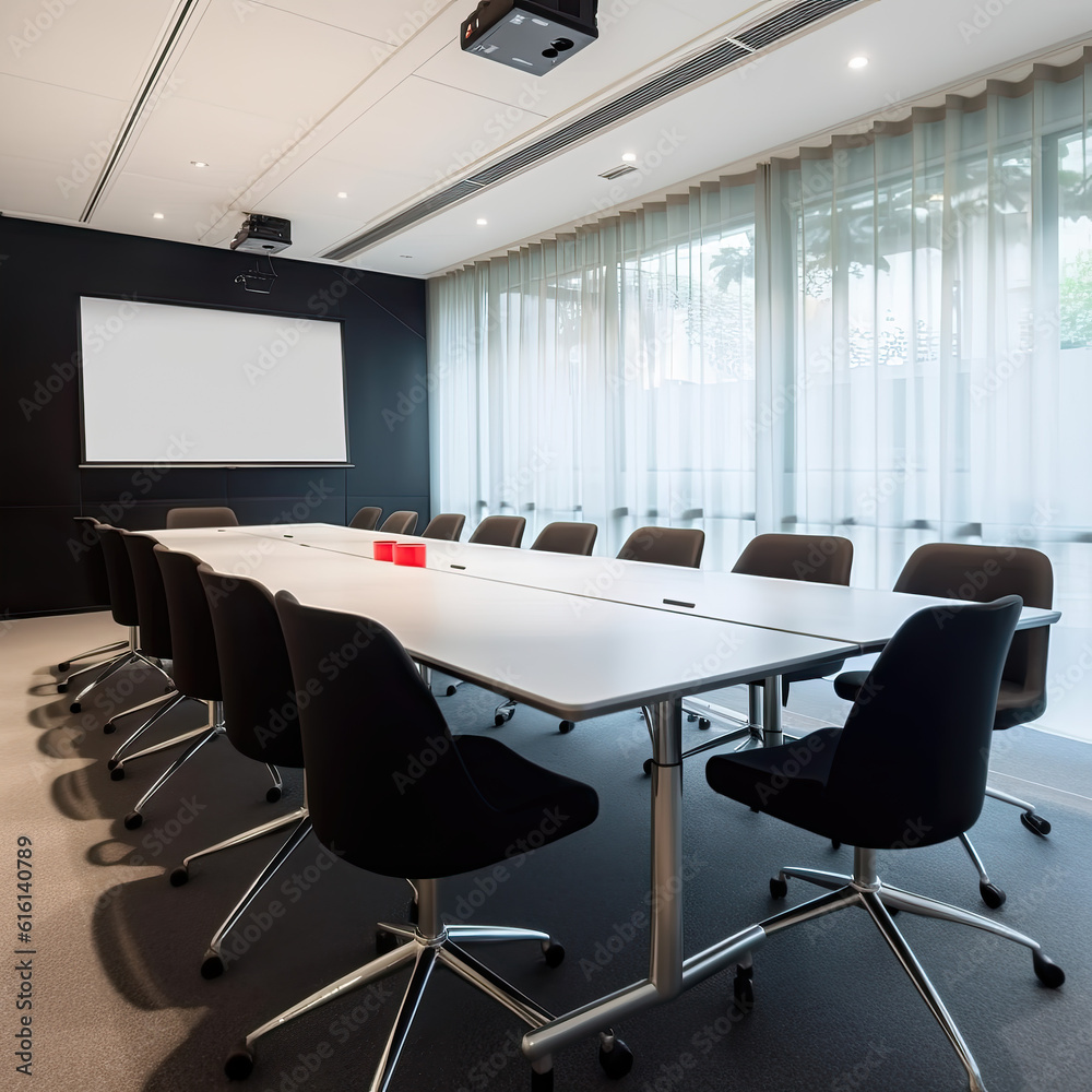 Modern black and white minimalist conference room scene