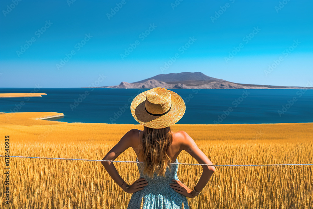 A girl wearing a skirt stands in the wheat field to enjoy the natural scenery