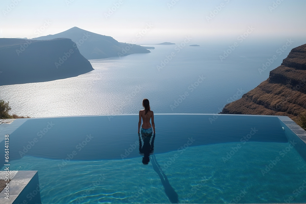 In the background of the sunset at dusk; a girl admires the scenery in the high -end hotel pool