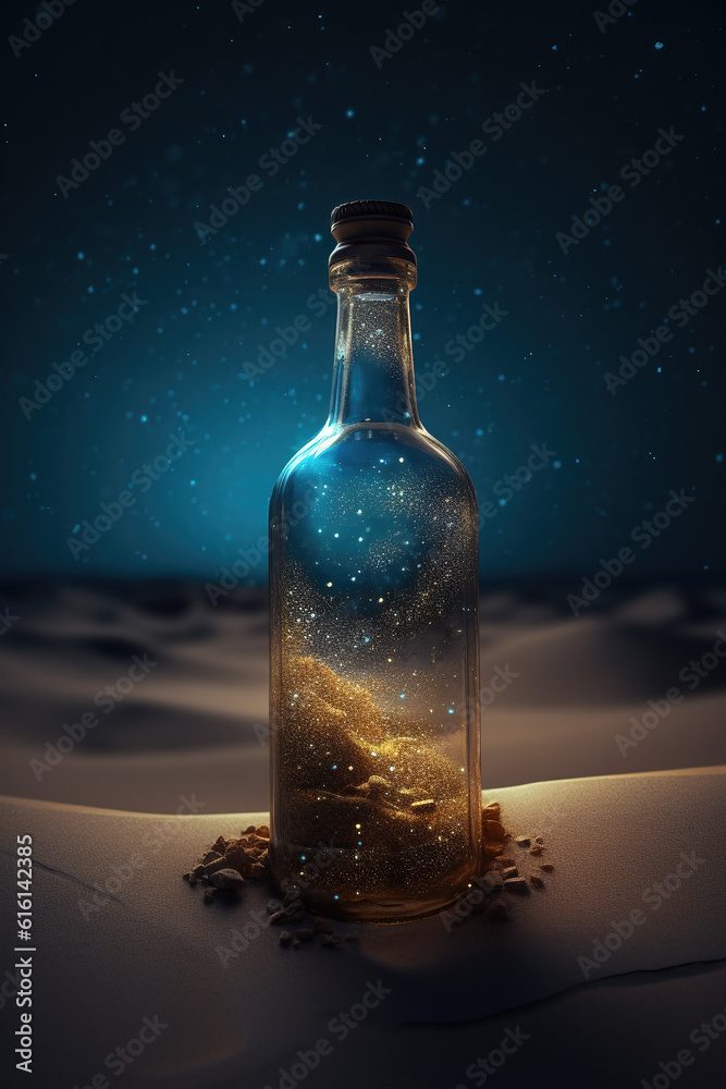 A bottle equipped with fireflies in the desert