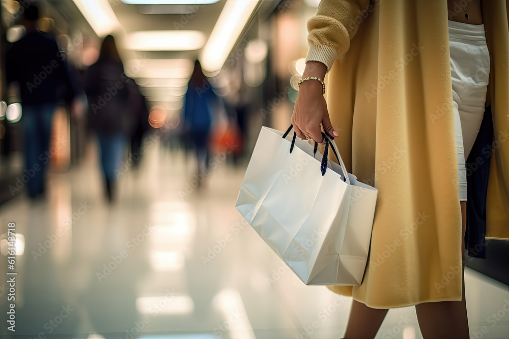 The blurred background of the shopping mall and a white shopping bag wearing a trench coat girl