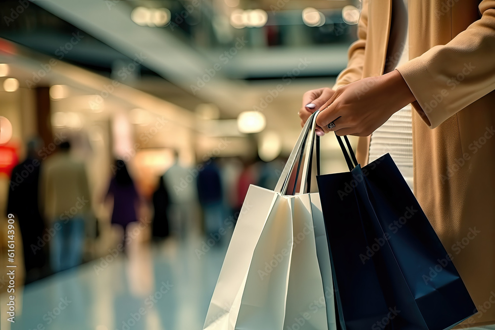 The blurred background of the shopping mall and a white shopping bag wearing a trench coat girl