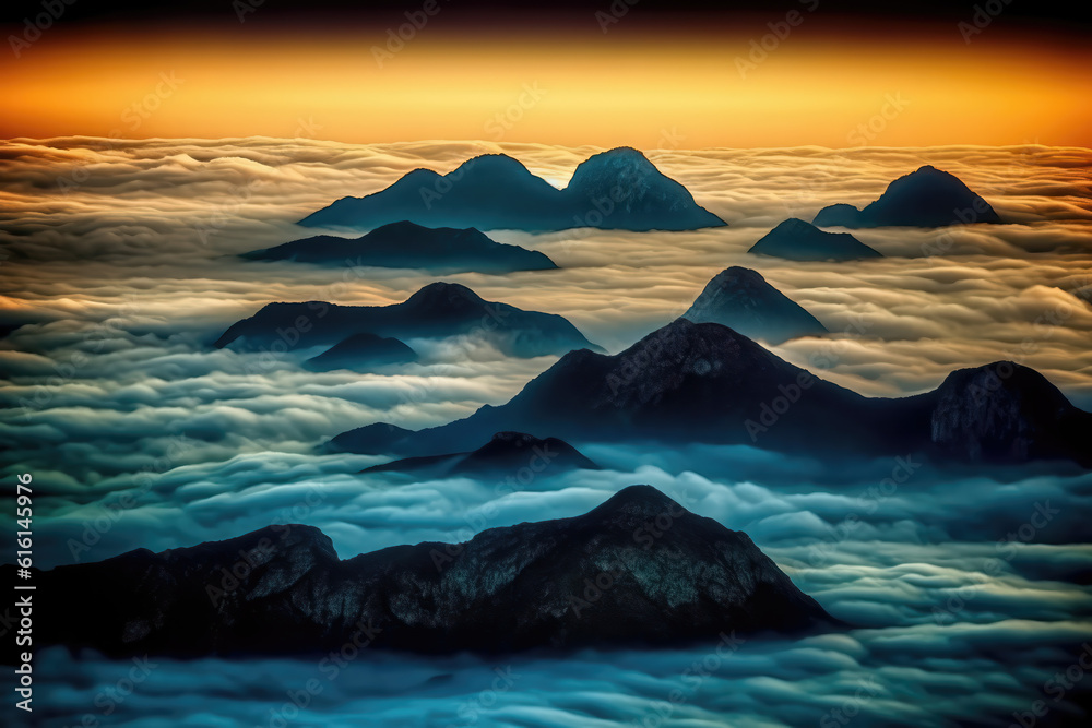 The fog and natural scenery of the outdoor mountain peaks under the sunset