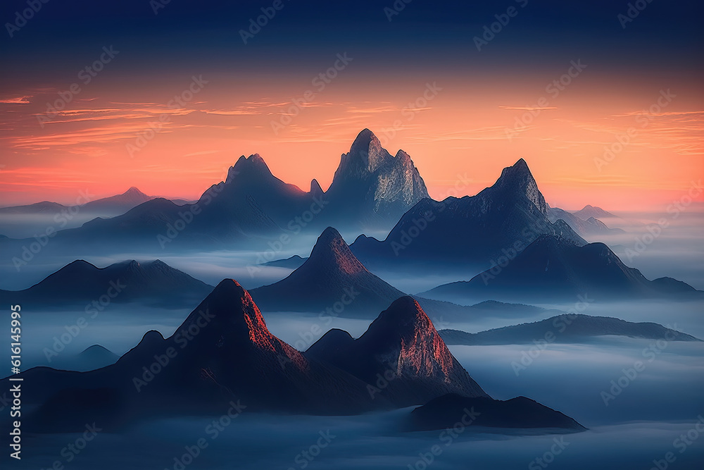 The fog and natural scenery of the outdoor mountain peaks under the sunset