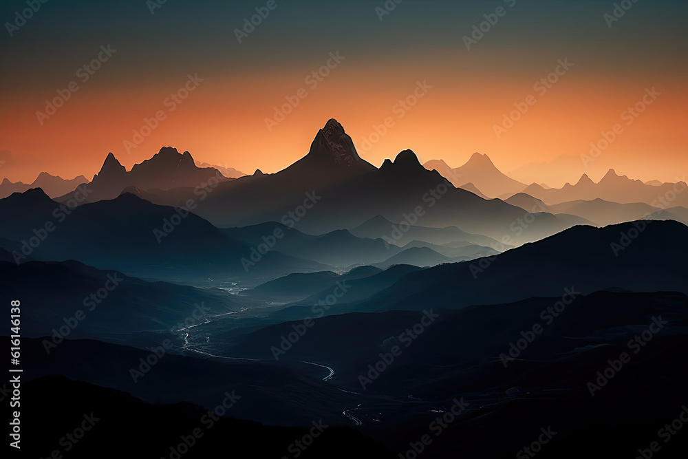 The fog and natural scenery of the outdoor mountain peaks under the sunset