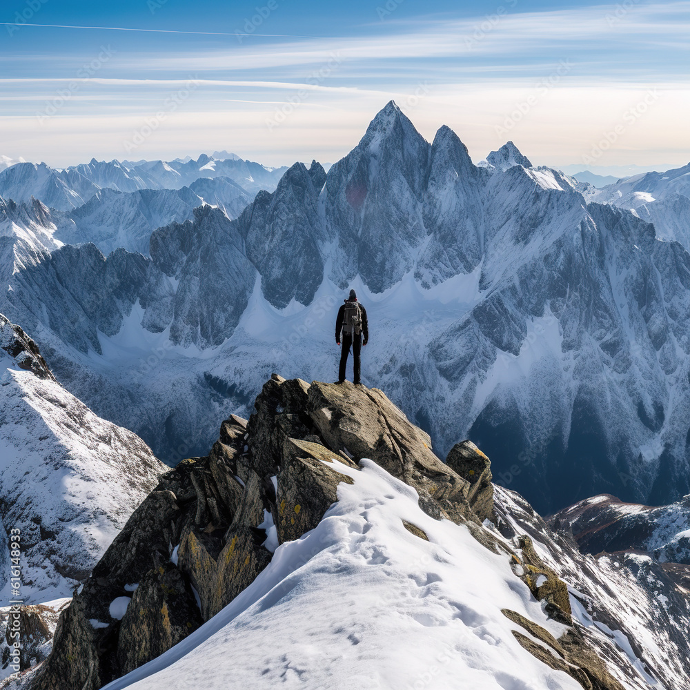 The man travels on the snowy mountain, backpack outdoor activity is in extreme movements of a health