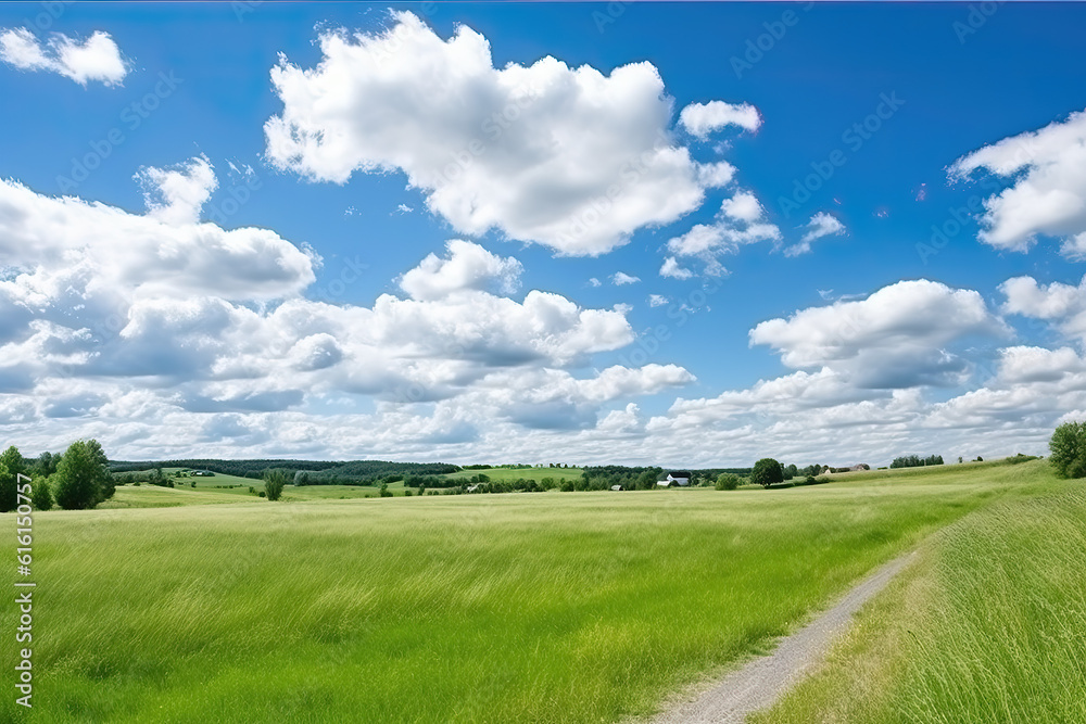 Green Farm Skyline under the blue sky and white clouds