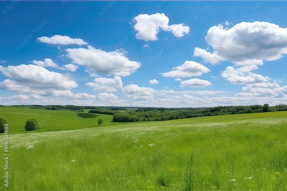 Green Farm Skyline under the blue sky and white clouds