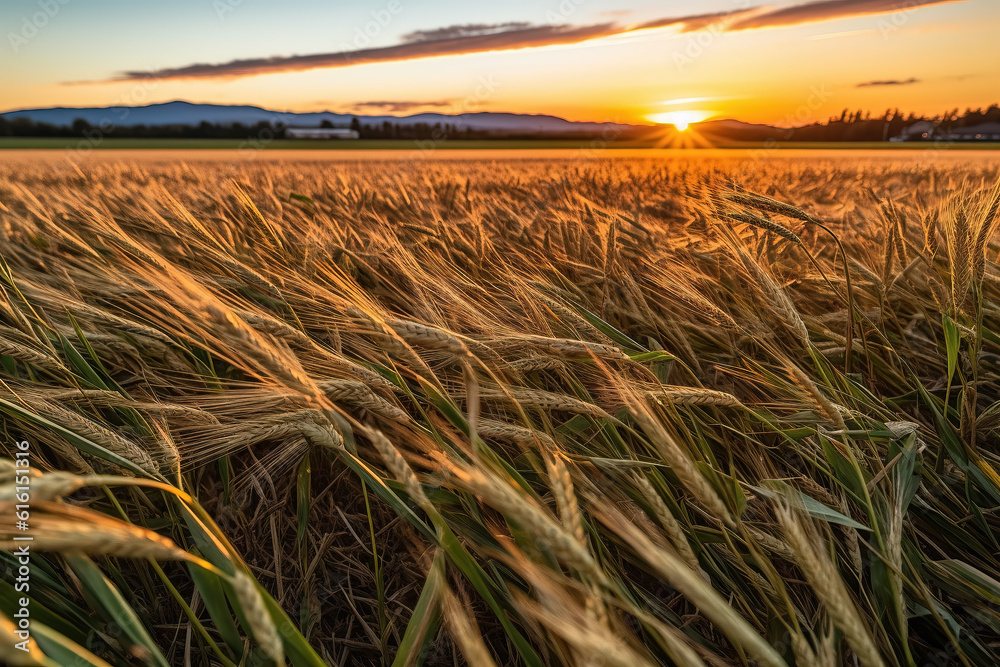 Farm wheat fields under AI sunset