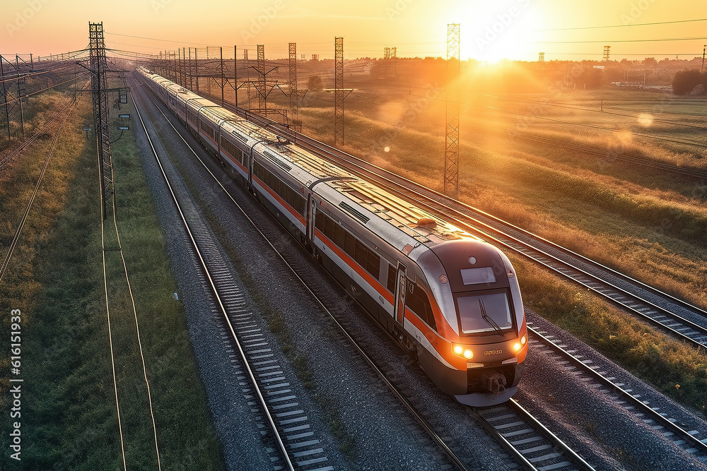 In the background of dusk, high -speed fast train passenger locomotives are in the field of speed mo