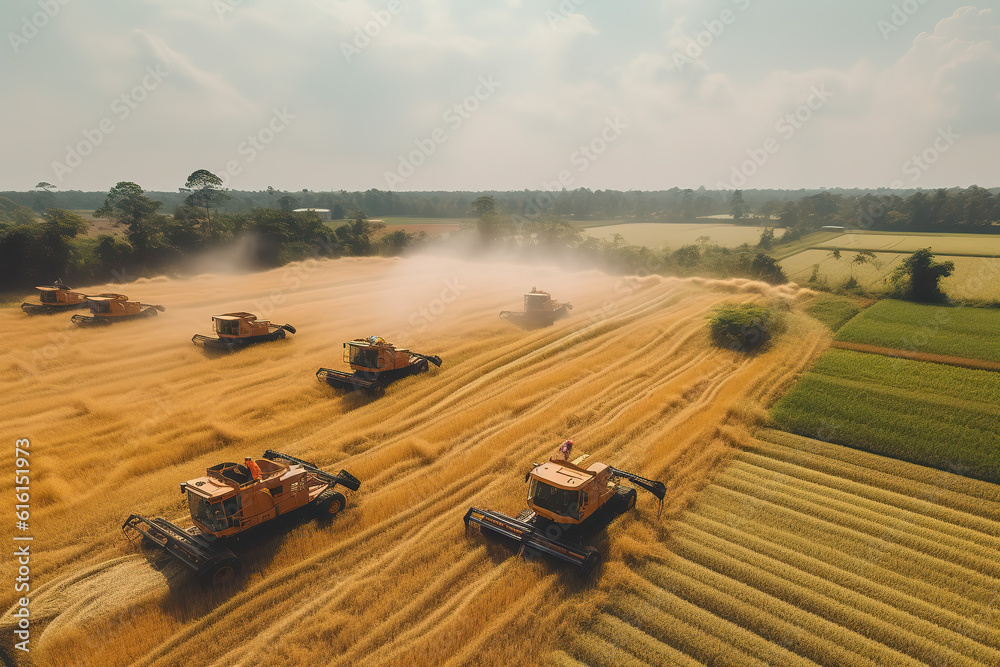 AI harvester agricultural machines harvest gold and mature wheat fields.