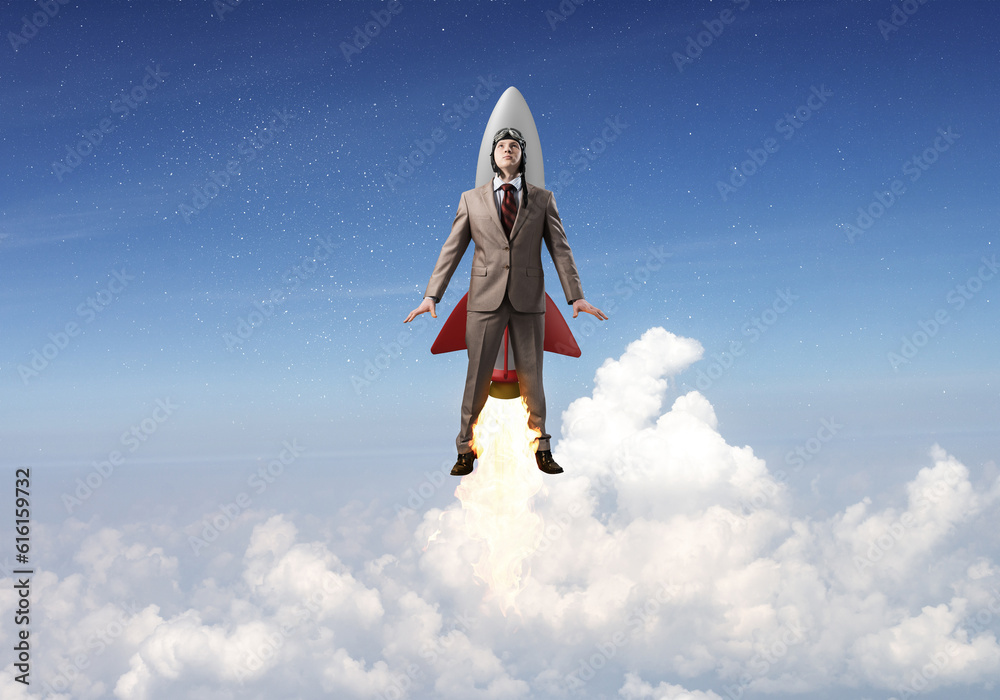 Business person in aviator hat flying on rocket