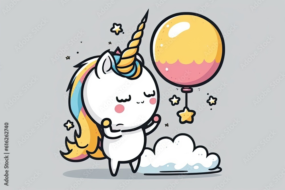 magical unicorn soaring through the sky with a colorful balloon. Generative AI