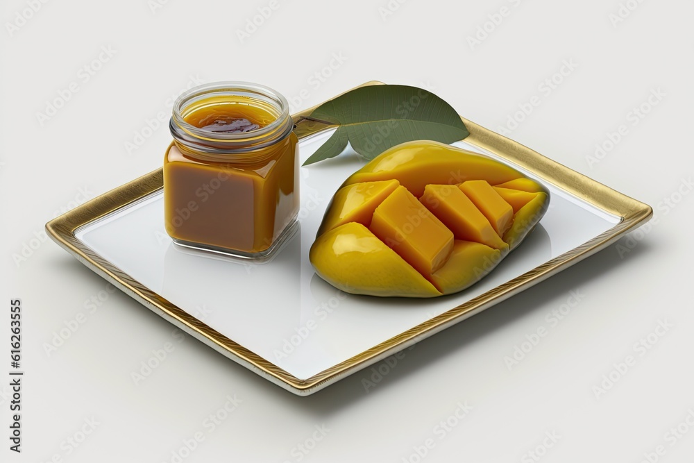 plate with sliced mango and a jar of peanut butter. Generative AI