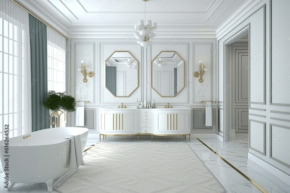 luxurious bathroom with a bathtub, sink, mirror, and chandelier. Generative AI