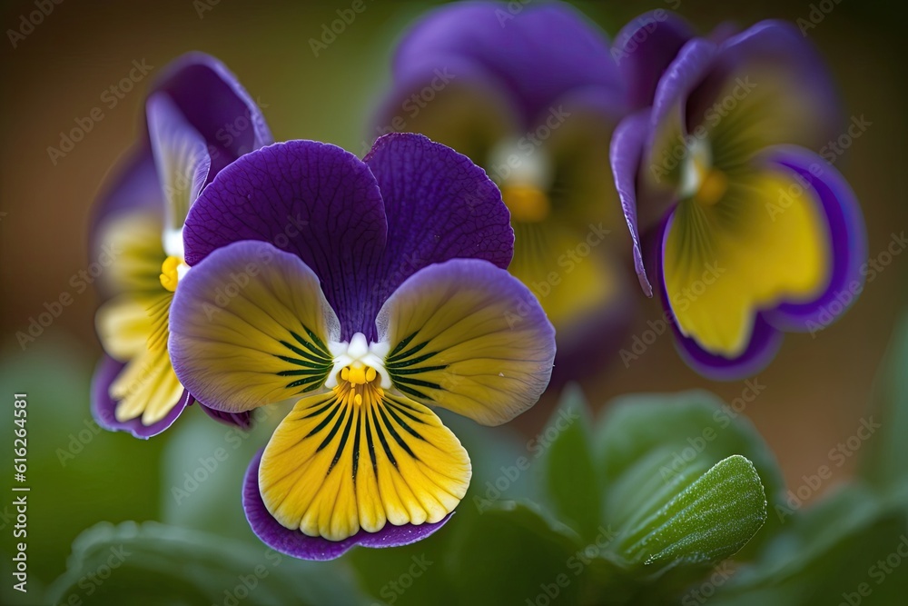 purple and yellow flowers with green leaves. Generative AI