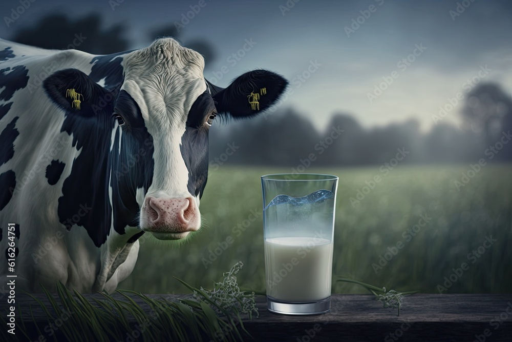 cow standing next to a glass of milk. Generative AI