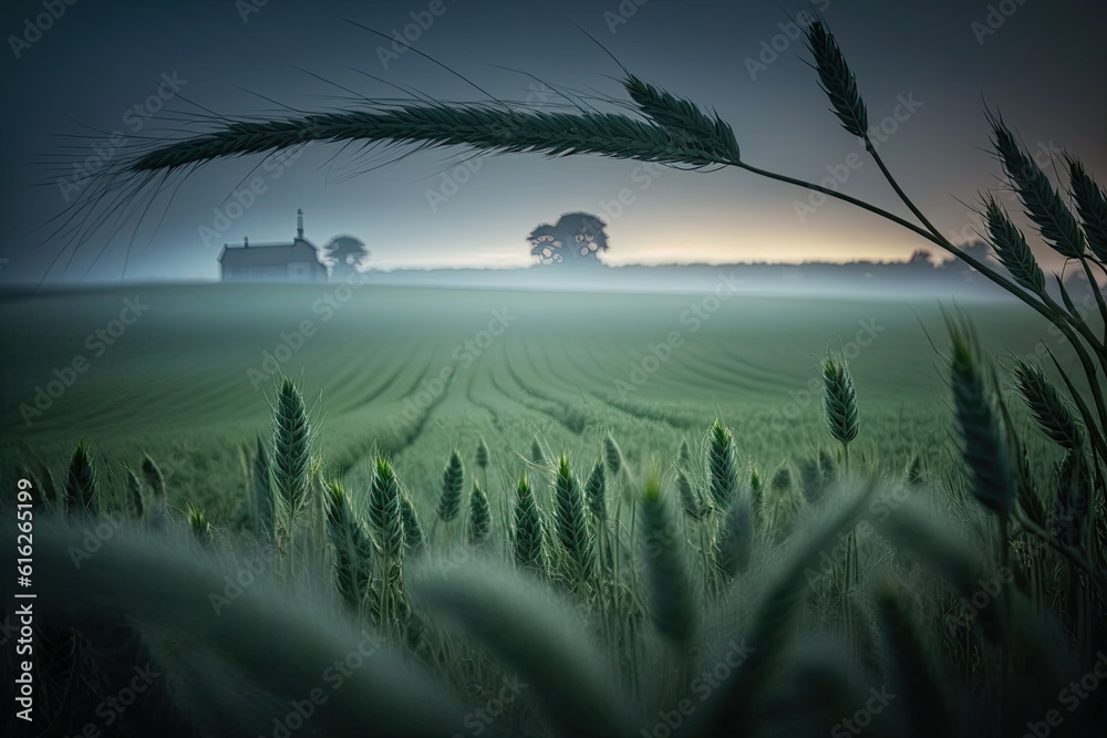 countryside landscape with a distant house in a green field. Generative AI