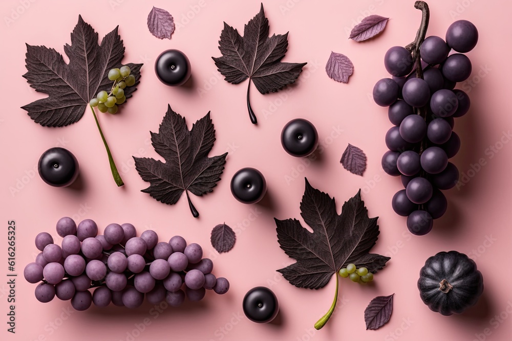 cluster of grapes and leaves on a pastel pink background. Generative AI