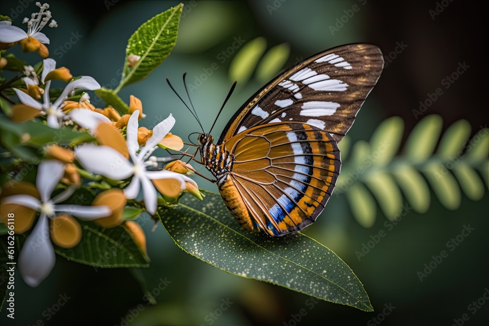 butterfly perched on a vibrant flower in a close-up view. Generative AI