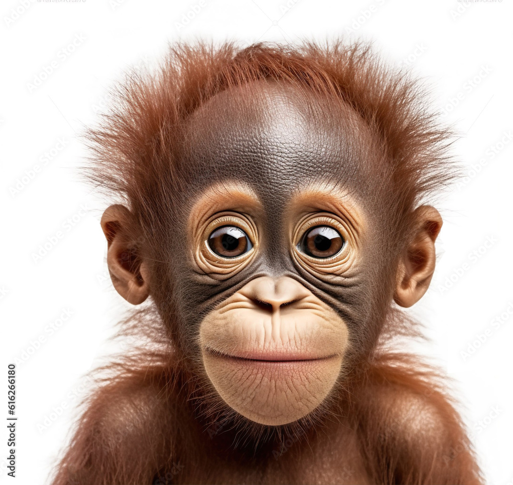 Funny ape orangutan baby chimpanzee sitting generative AI illustration. Lovely animal babies concept