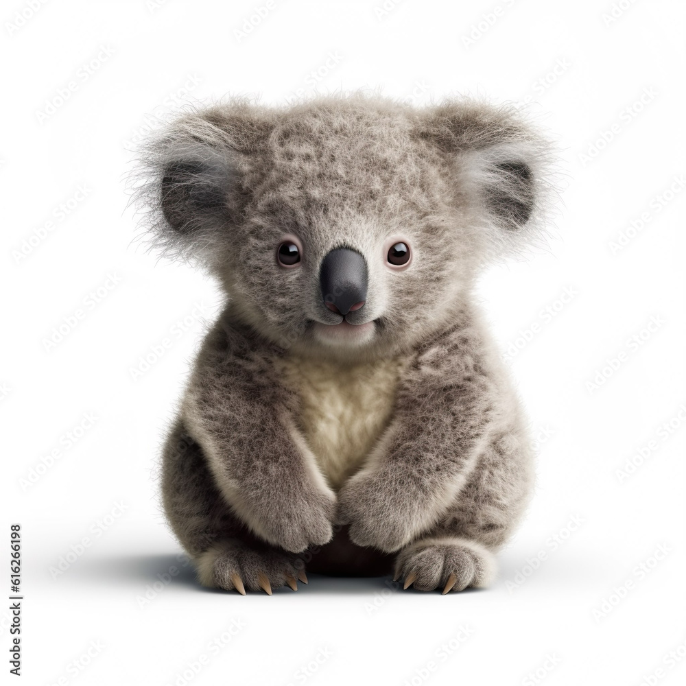 Cute little koala baby bear realistic photo generative AI illustration isolated on white background.