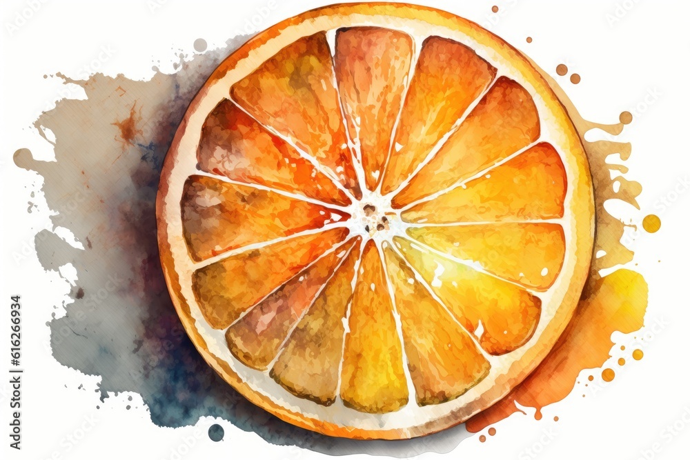 vibrant watercolor painting of a slice of juicy orange on a white background. Generative AI