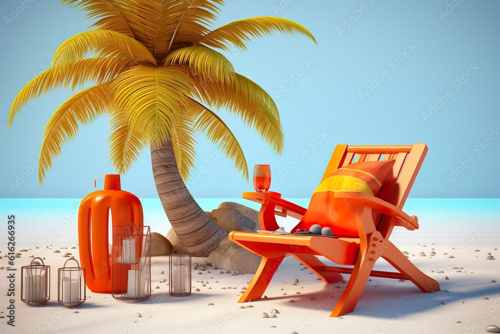 Orange beach chair under the palm tree with summer