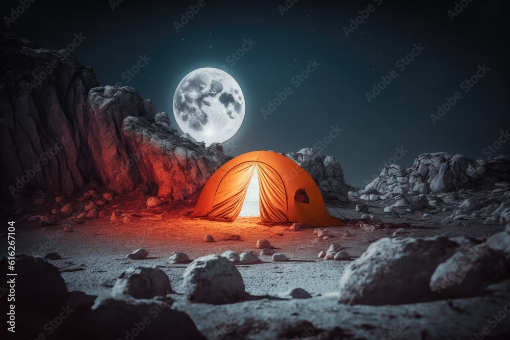 tent under the full moon in the desert. Generative AI