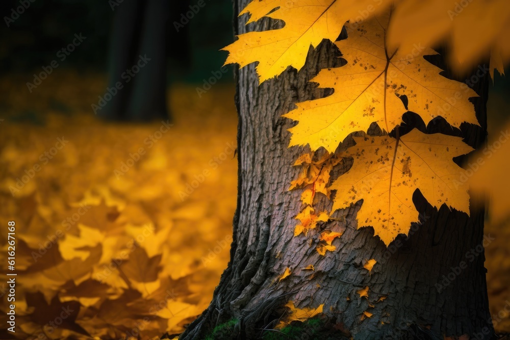 tree trunk with yellow leaves in autumn. Generative AI