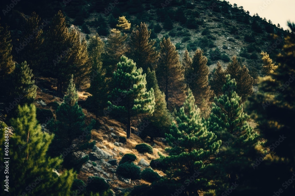 forested mountain landscape with misty clouds in the background. Generative AI