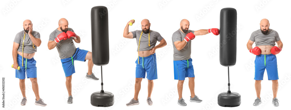 Annoyed overweight man with measuring tape and dumbbell on white background. Weight loss concept