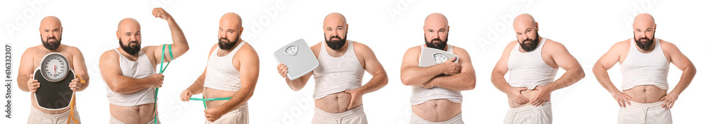 Collage of overweight man on white background. Diet concept