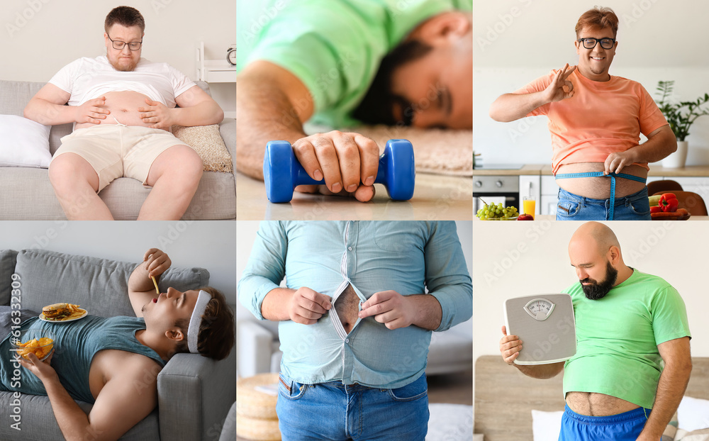 Collage of overweight men at home. Diet concept