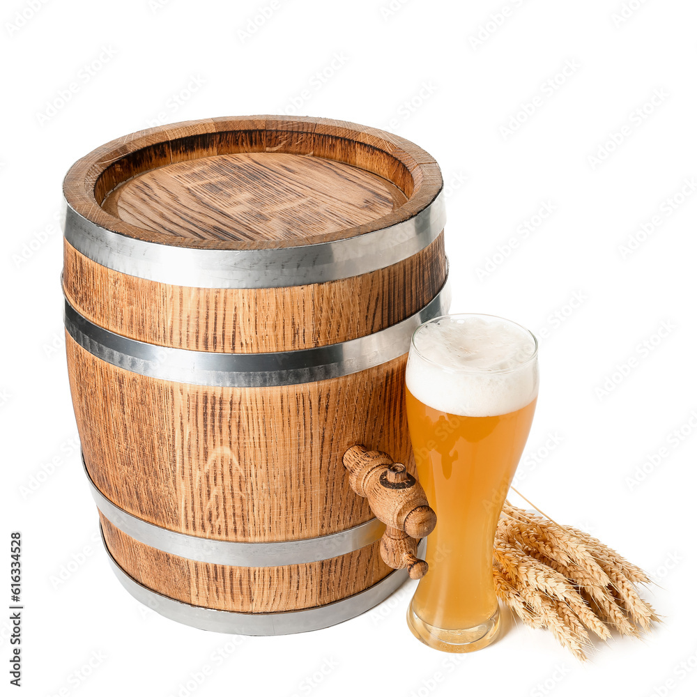 Wooden barrel and glass of cold beer on white background