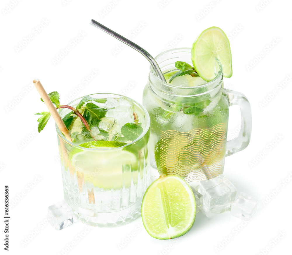 Glass and mason jar of tasty mojito isolated on white background