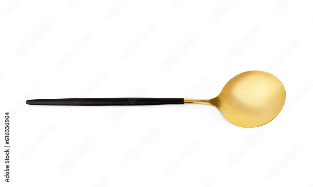 Golden spoon with black handle on white background