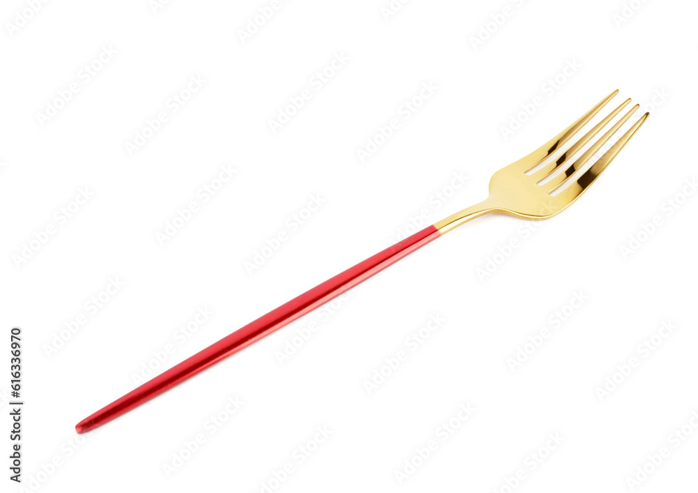 Golden fork with red handle on white background