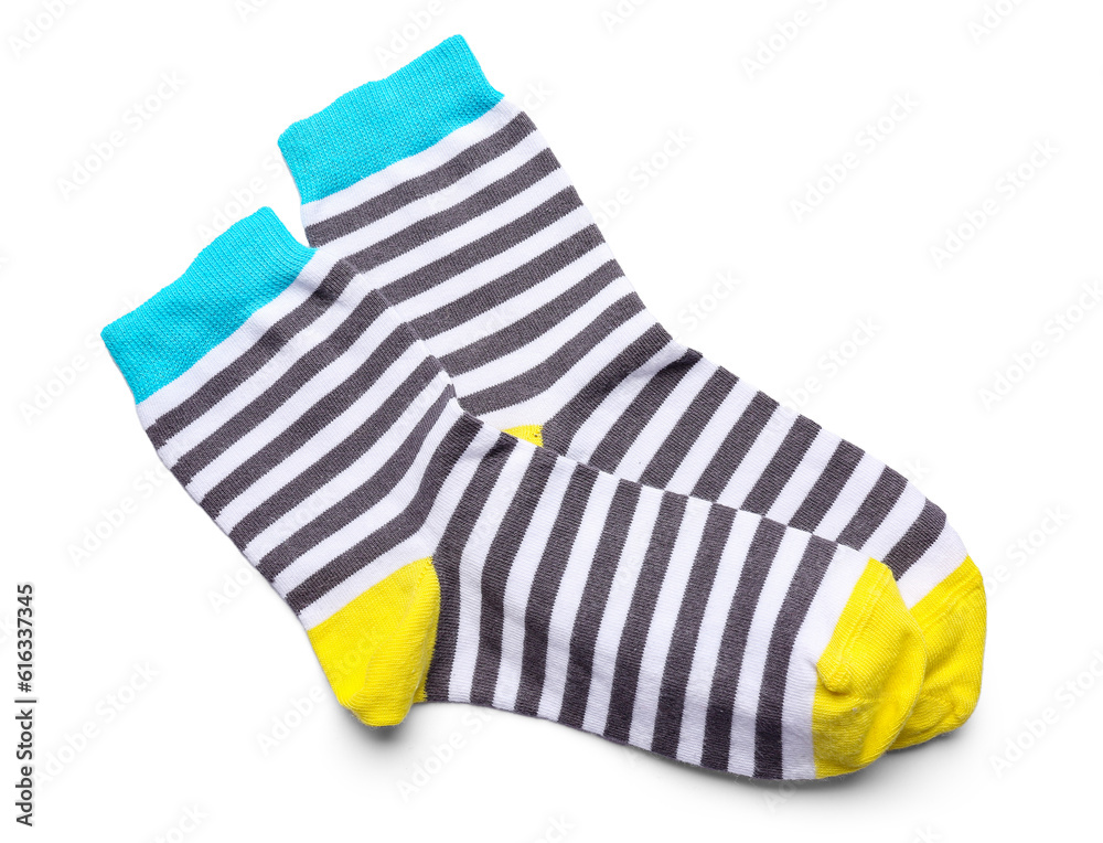 Pair of striped socks isolated on white background