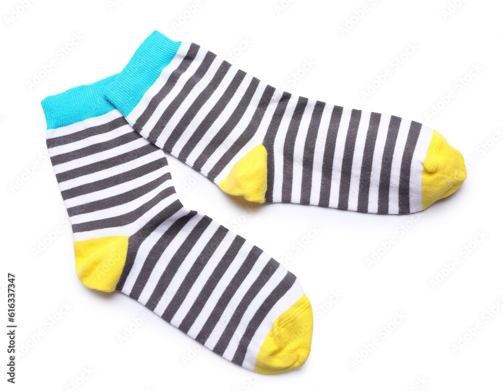 Pair of striped socks isolated on white background