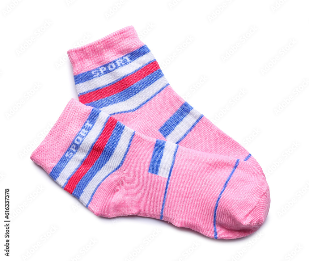 Pair of pink socks on white background