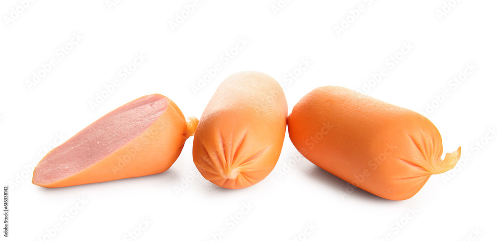 Tasty boiled sausages on white background