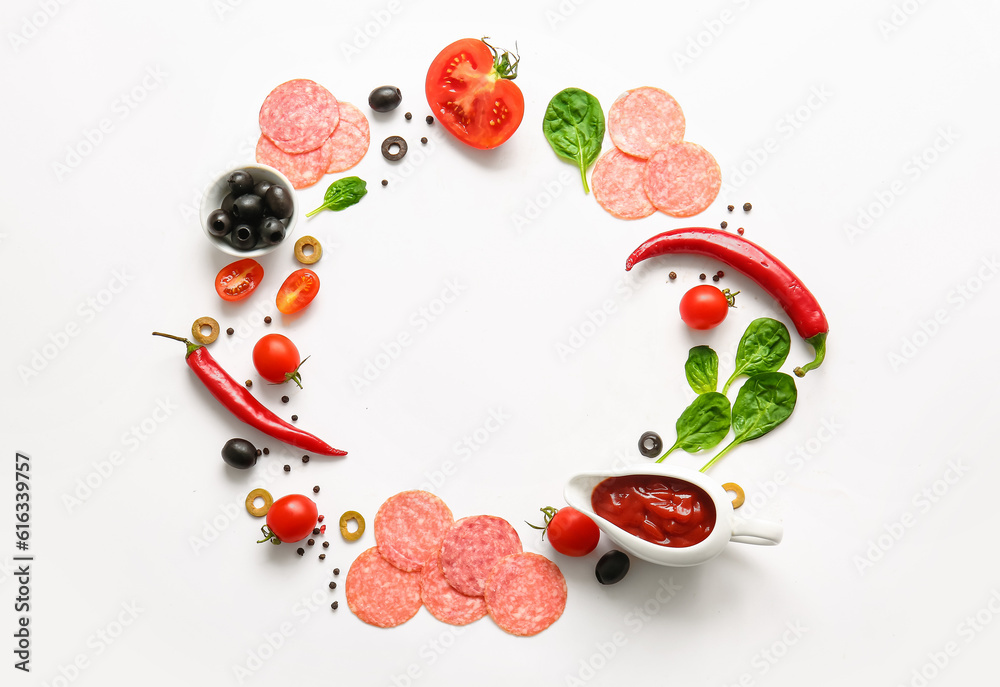 Frame made of fresh ingredients for preparing pizza on white background