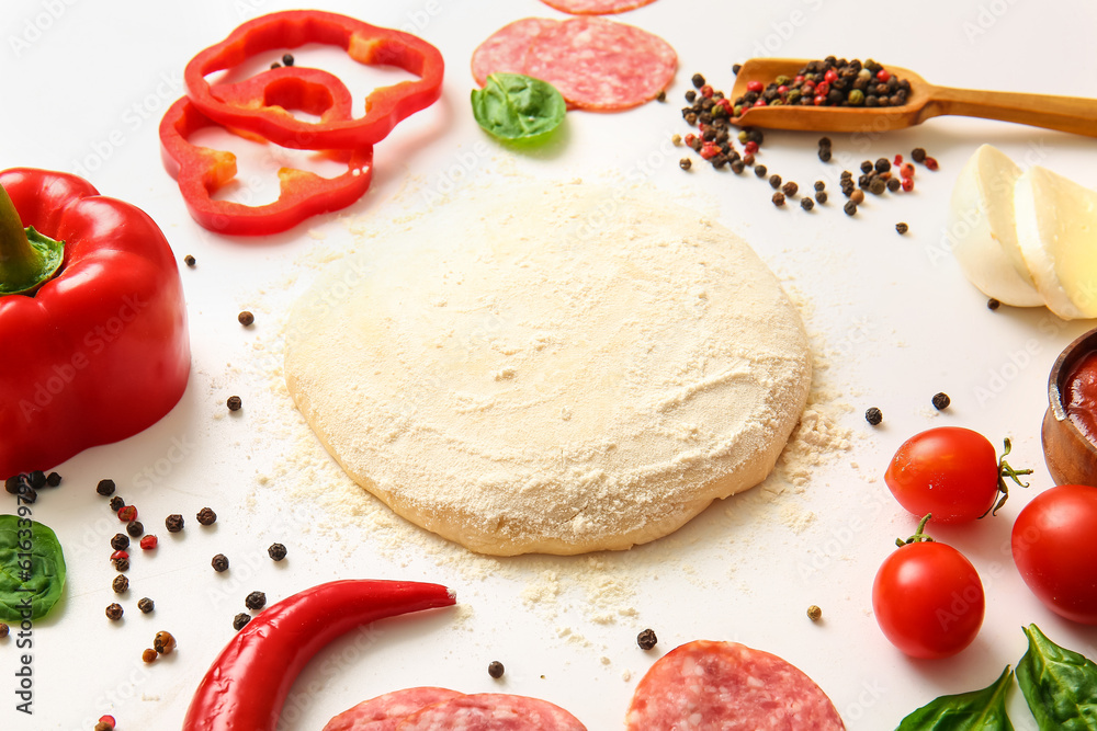 Raw dough and ingredients for preparing pizza on white background