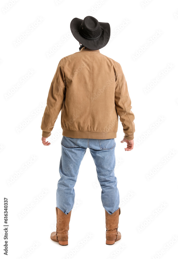 Mature cowboy on white background, back view