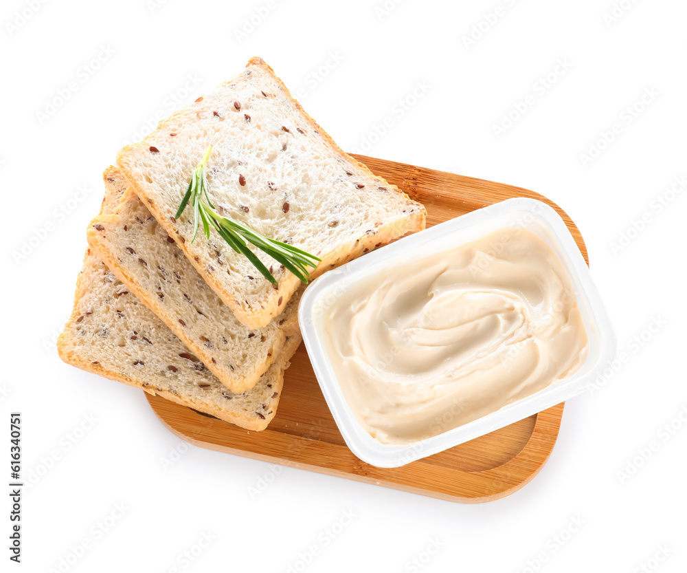 Plastic container with tasty cream cheese and fresh bread on white background