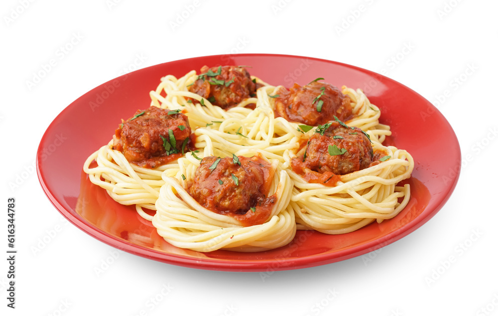 Plate of boiled pasta with tomato sauce and meat balls on white background